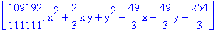 [109192/111111, x^2+2/3*x*y+y^2-49/3*x-49/3*y+254/3]